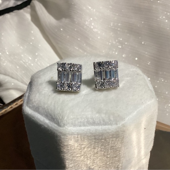 Luxurious Square Baguette & Round  cut Zircon Halo  Post back Earrings